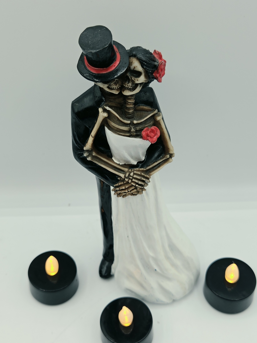 Romantic Skeleton Bride & Groom Figurine in Black, White & Red